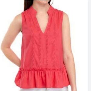 New Crown & Ivy Embroidered Ruffle Linen Sleeveless Tank Top Size XL Pink